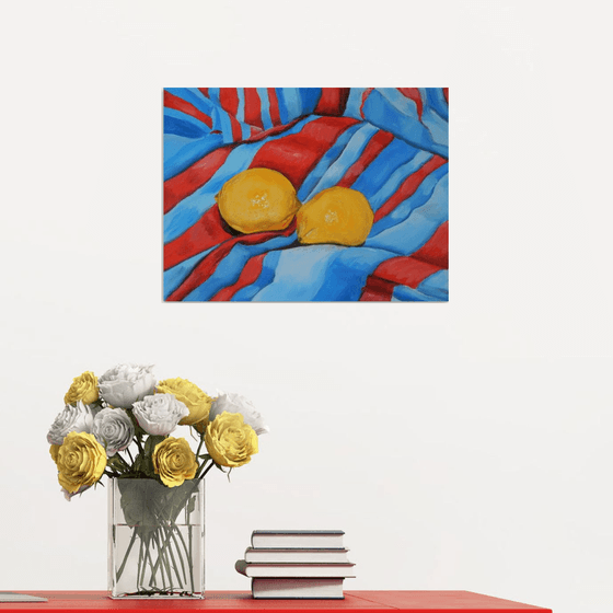 Lemons on the tablecloth. Still life. 30x40cm