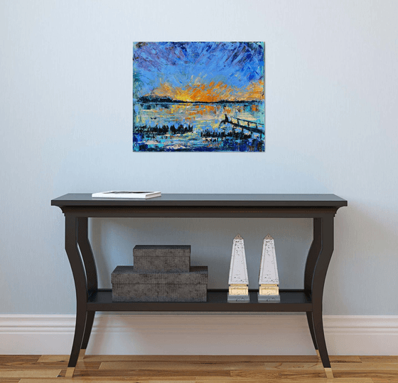 Sunset - You are never alone, 50*60cm, impressionistic landscape oil painting in orange and blue ultramarine