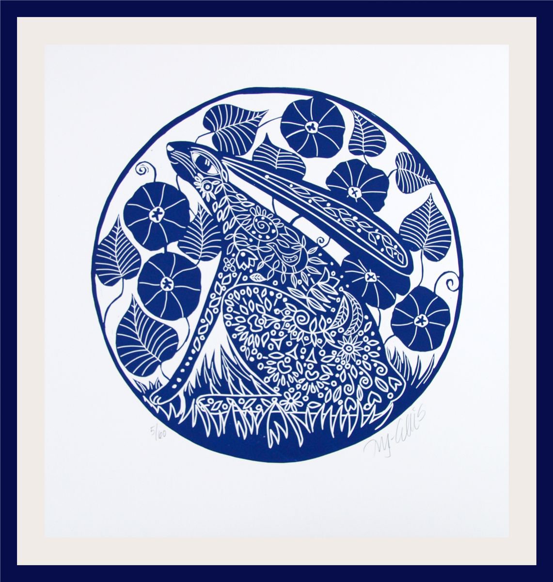 Hare and Morning Glory, a blue and white linocut by Mariann Johansen-Ellis