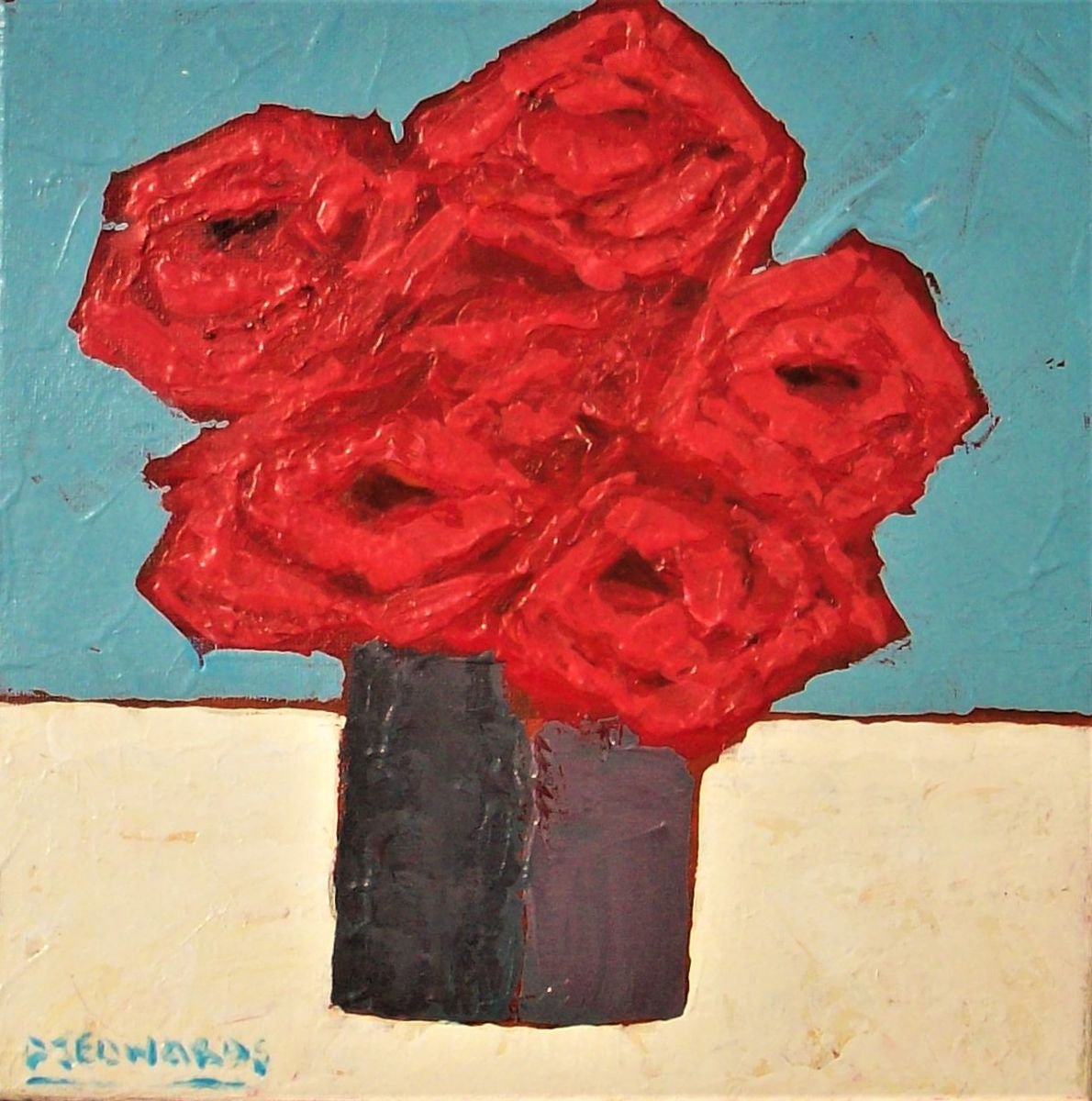 Impressionistic Botanical Acrylic Painting By David J Edwards, 10 X 10, Red Roses, Original Artwork
