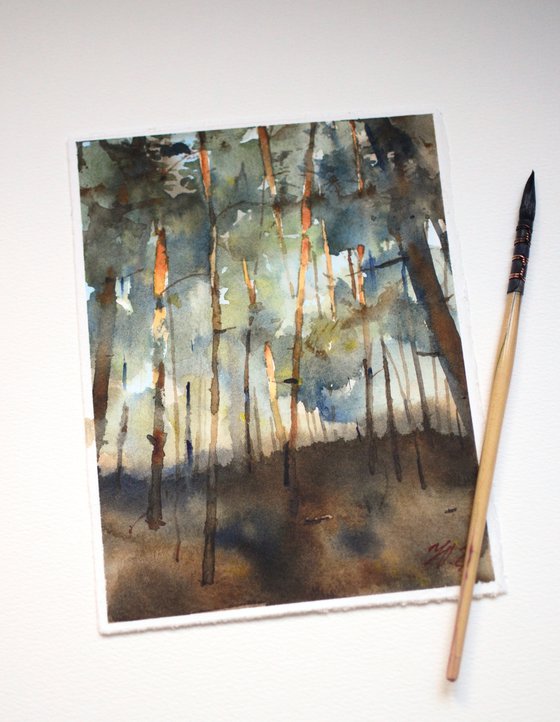 Pine forest, small watercolor painting