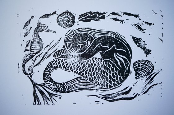 Mermaid Linocut Print