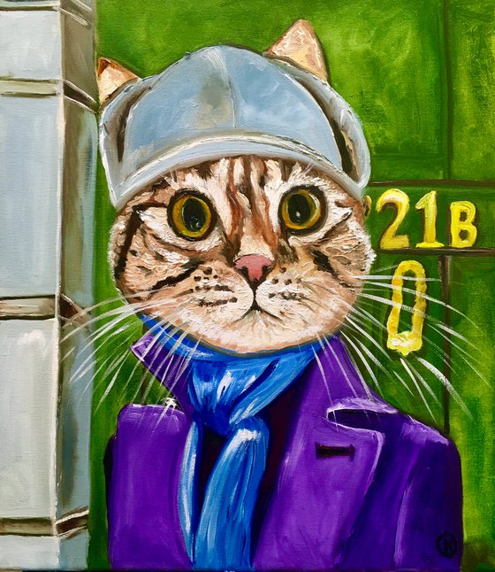 Troy The  Cat- Sherlock Holmes  Baker  Street 221 B   oil painting for cat lovers.