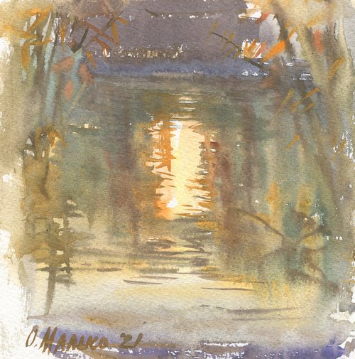 Sun reflection. Autumn pond / Plein air watercolor Original art work Fall sketch Square small picture by Olha Malko