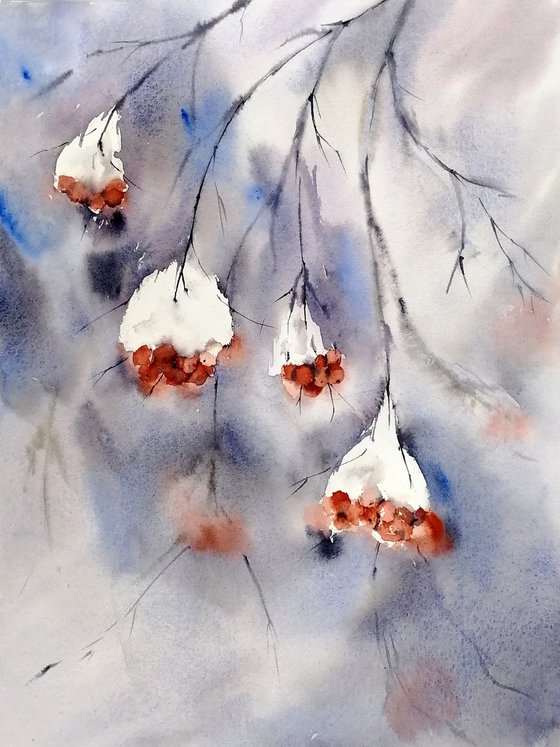 Winter forest. Rowan berries art