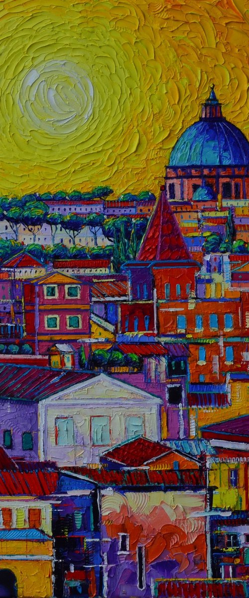 ROME SKYLINE FROM ORANGE GARDEN abstract cityscape sunset textural impressionist impasto palette knife oil painting by Ana Maria Edulescu by ANA MARIA EDULESCU