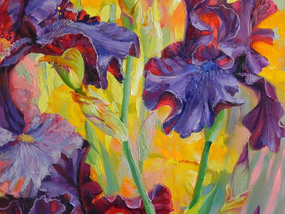 "Blooming irises" Flowers oil painting original, impressionism art (2021)