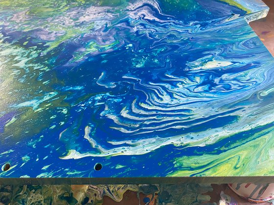 "Atomic Ripple" - Original Abstract PMS Fluid Acrylic Painting on a Recycled Desk Panel - 30 x 18 inches