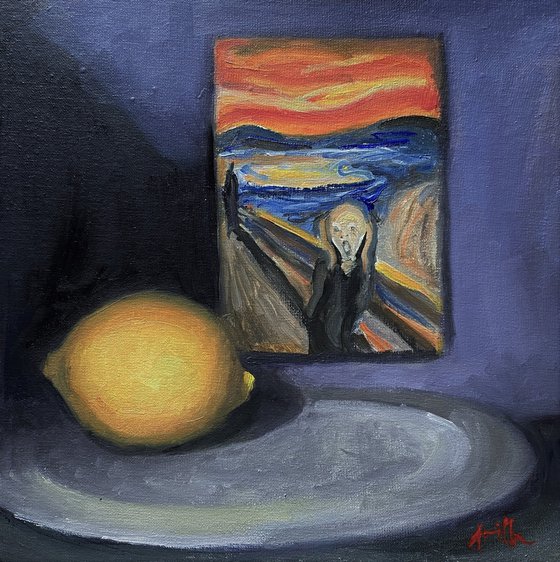 Munch & a Lemon Life original oil realism painting.