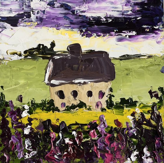 Tuscany. Cottage in lavender field. Original oil impasto painting