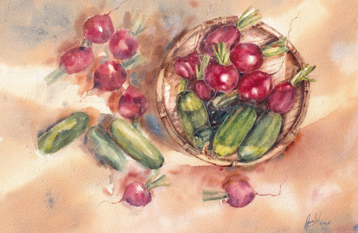 Still Life Watercolour By Hua Le, 22 X 15, Still Life, Original Artwork