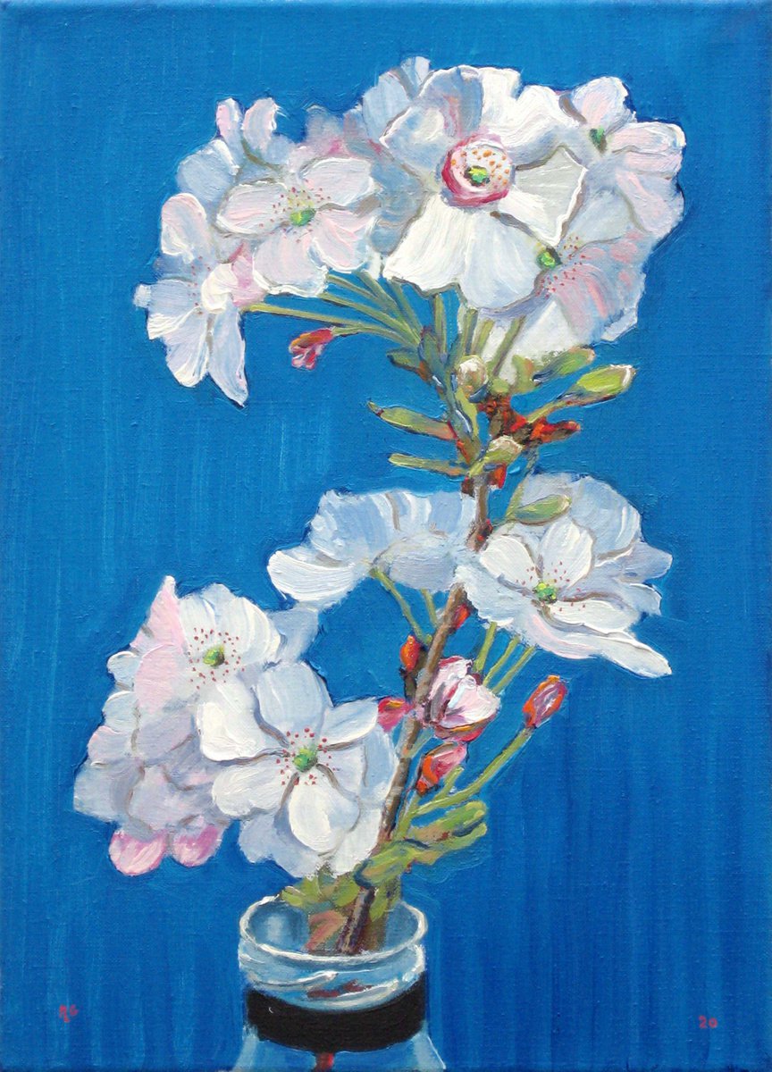 Botanical Oil Painting By Richard Gibson, 10 X 14", Cherry Blossom Against A Blue Background, Original Artwork