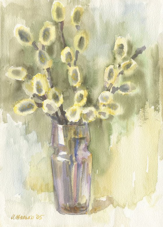 Pussy willow in vase / ORIGINAL watercolor 11x15in (28x38cm)