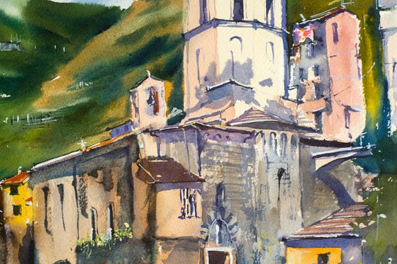 Vernazza. View of the tower and old town. Big format watercolor urban landscape Mediterranean italy sea bright architecture