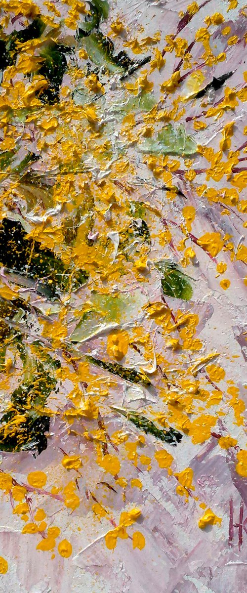 Mimosa Painting Floral Original Art Mimosa Branch Small Artwork Flowers Oil Impasto Palette Knife Painting Home Wall Art 6 by 8" by Halyna Kirichenko by Halyna Kirichenko