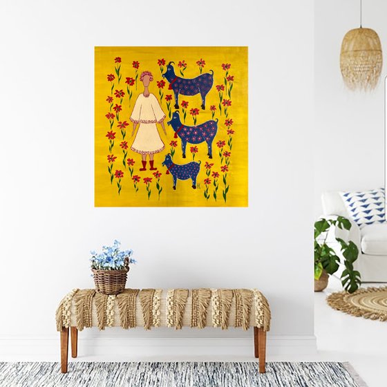 Woman Goats Original Painting