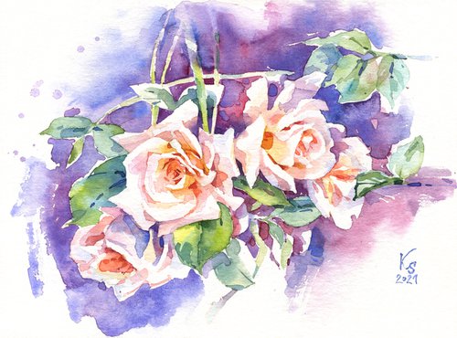 "Purple garden twilight. Orange roses and intertwining branches"  original watercolor by Ksenia Selianko