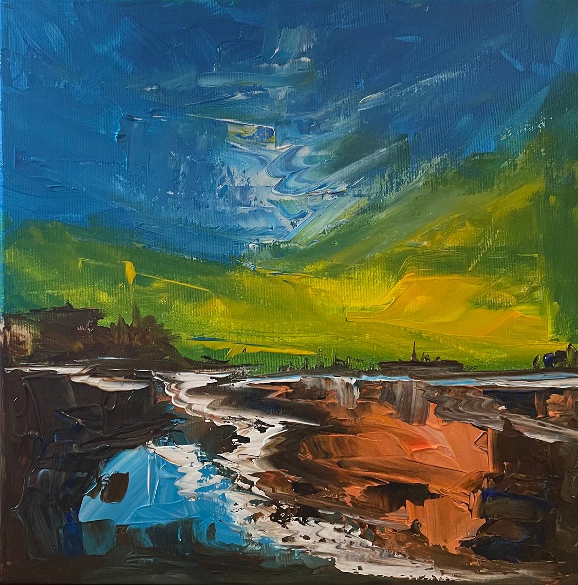 Abstract Landscape Acrylic Painting By Timea Valsami, 16 X 16", Little Wonderland, Original Artwork