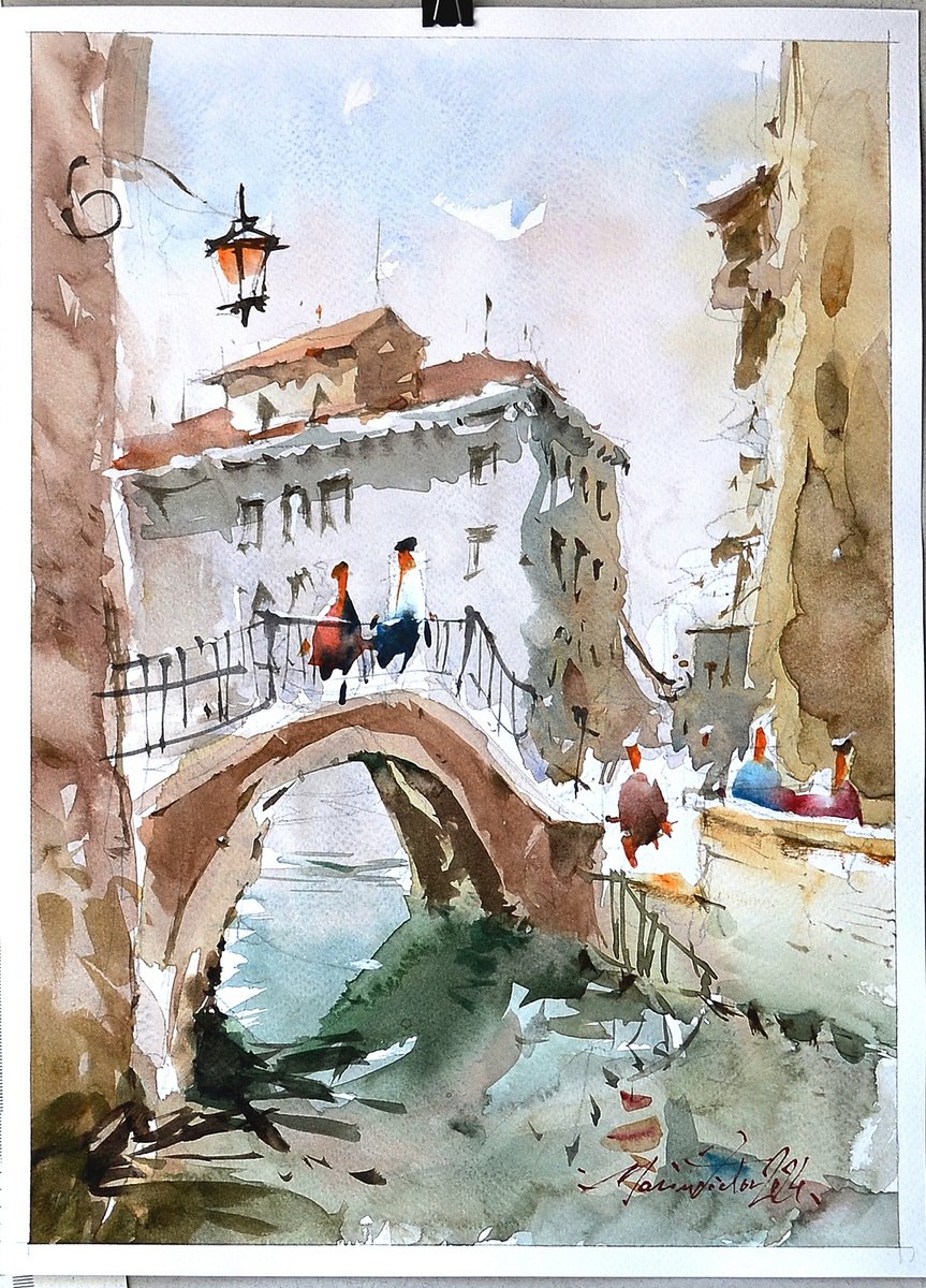 Impressionistic Cityscapes Watercolour By Marin Victor, 10 X 14", Venice Cityscape, Original Artwork
