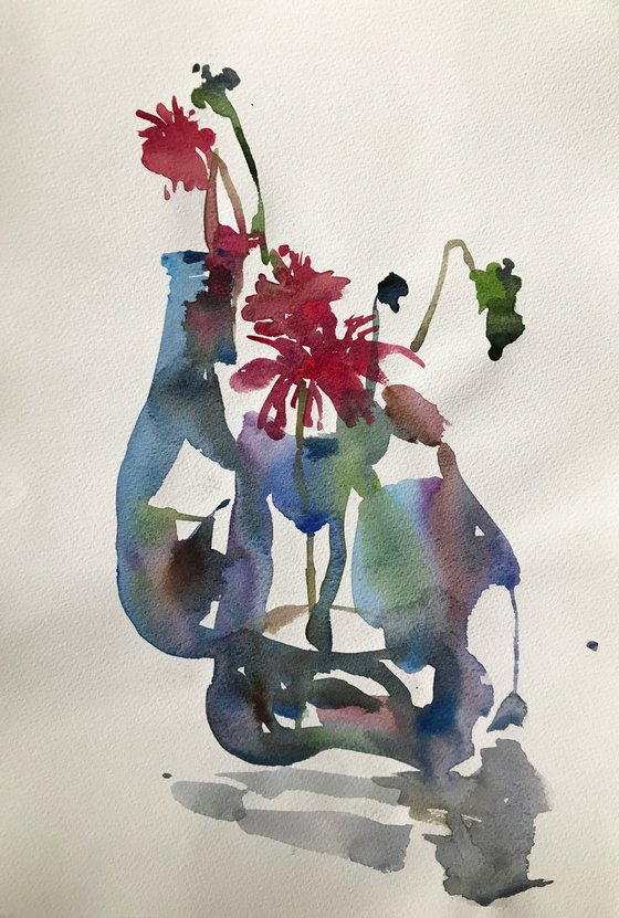 Asters in glass vases in watercolor
