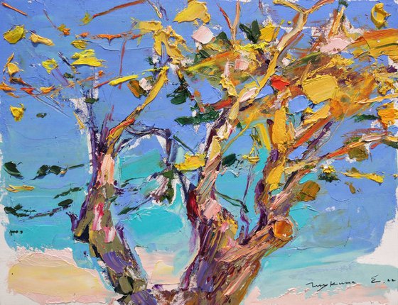 Branches in sunlight on blue sky . Etude sunset . Original oil painting