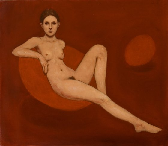 woman on a red sofa