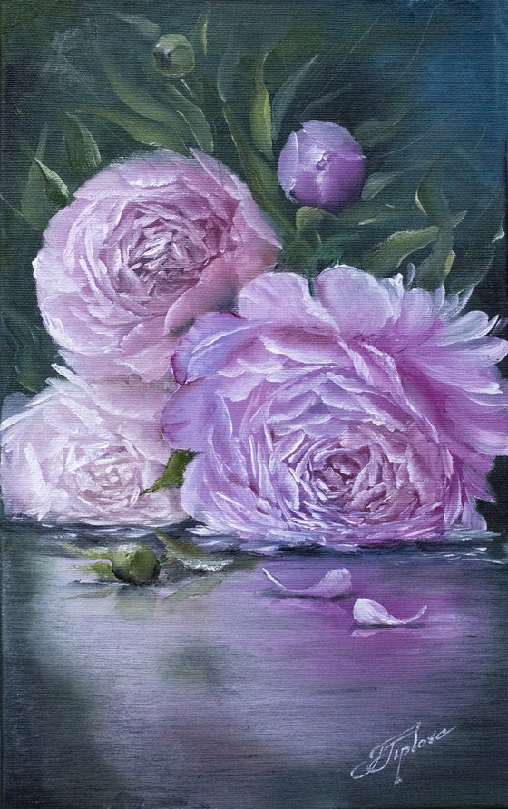 ''Pink Peonies'' oil painting with flowers.