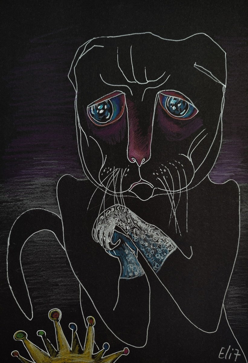 Expressive Animal Drawing By Elisheva Nesis, 9 X 13, A Cat May Look At A Dead Queen, Original Artwork