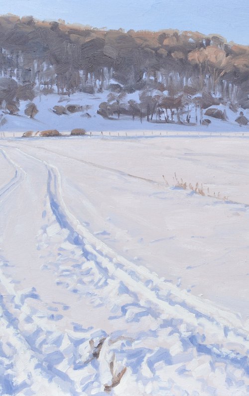 Snowy path in Saint Vincent, evening light by ANNE BAUDEQUIN