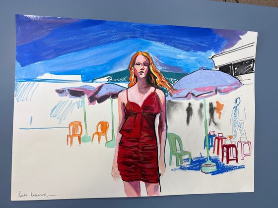 Woman in Red Dress at Outdoor Café
