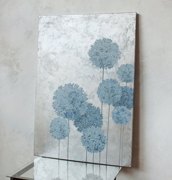 "Flower Balls" Blue silver flowers abstract
