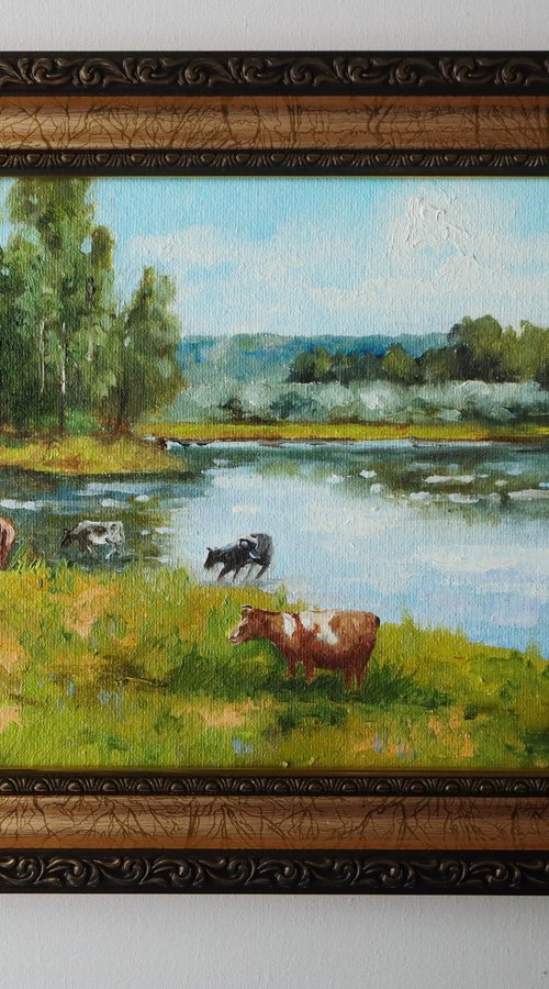Cows by the Riverside, Pastoral Scene by Natalia Shaykina