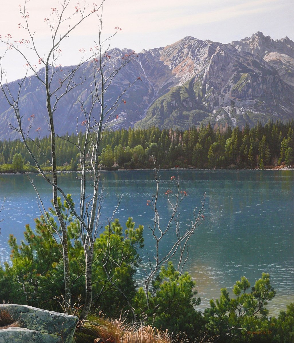 Photorealistic Landscape Oil Painting By Mlynarcik Emil, 24 X 28", Autumn At A Mountain Lake, Original Artwork
