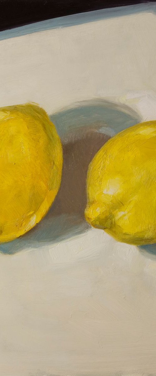 large modern still life of yellow lemons by Olivier Payeur