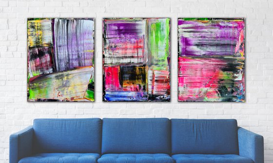 "Painting The Town" - Original PMS Abstract Acrylic Painting Triptych On Canvas - 72" x 30"