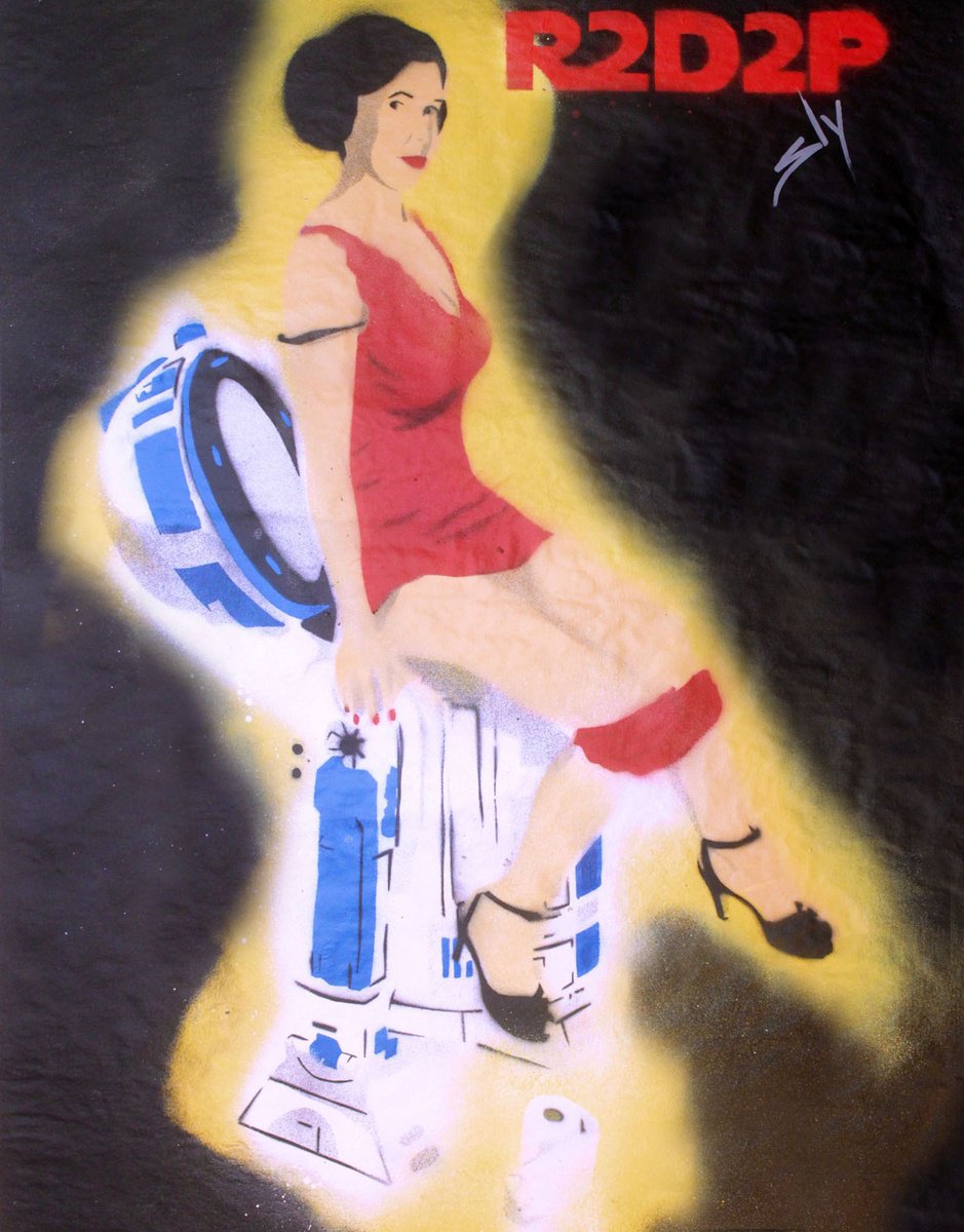 Surrealistic Portrait Painting By Juan Sly, 23 X 30", R2D2P (Black On An Urbox)., Original Artwork