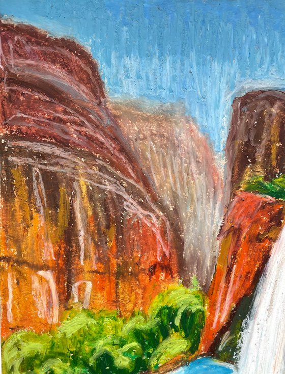 Grand Canyon Original Painting, Waterfall Oil Pastel Drawing, Havasu Falls Picture, National Park Wall Art, Gift for Him