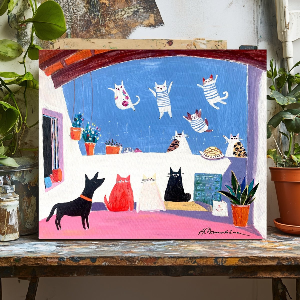 Naive Animal Acrylic Painting By Anastasia Mamoshina, 18 X 15, Calling All Dreamers, Original Artwork