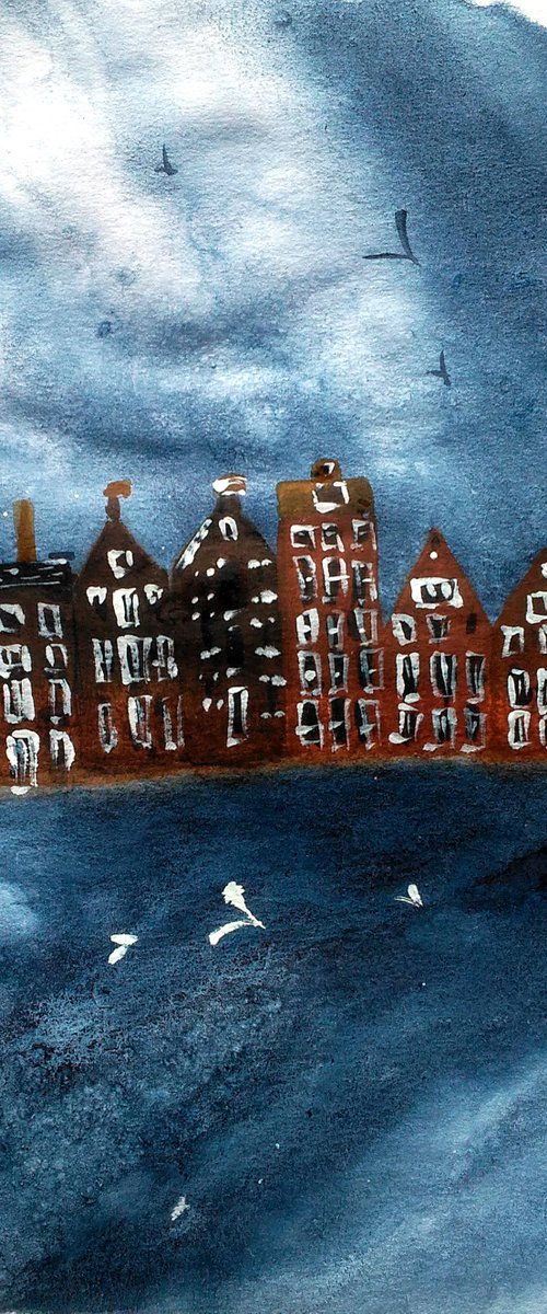 Amsterdam Painting Cityscape Original Art Nautical Artwork Sea Watercolor Sky Small Home Wall Art 8 by 12" by Halyna Kirichenko by Halyna Kirichenko