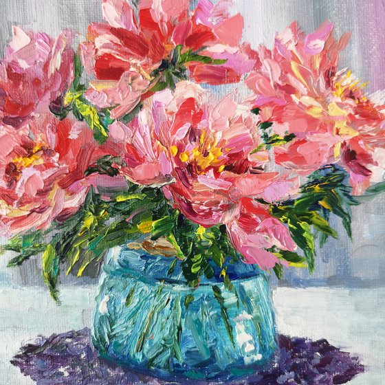 Peonies. Pink peony bouquet, small oil painting