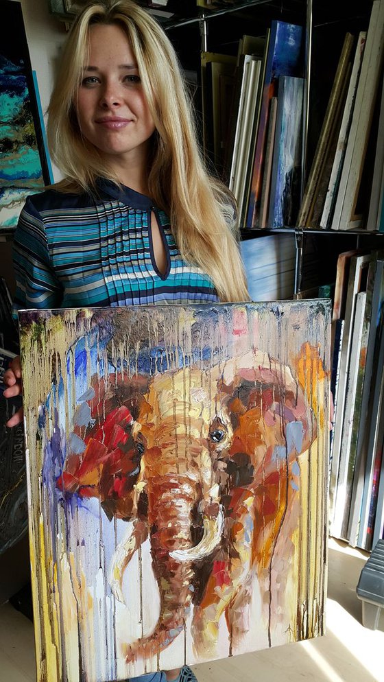 Coming out of the jungle - african elephant, painting on canvas, animals oil painting, Impressionism, palette knife, gift.