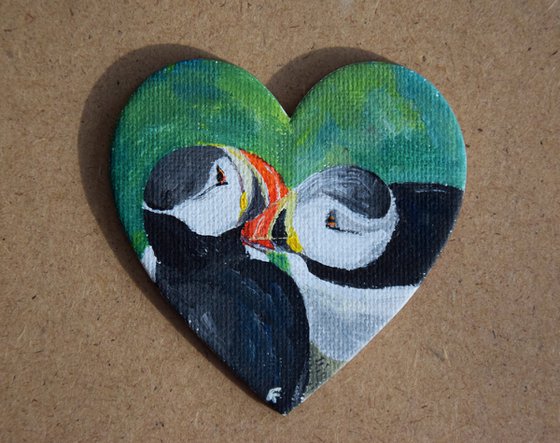 Puffins painting, heart magnet fridge, original acrylic painting, romantic gift