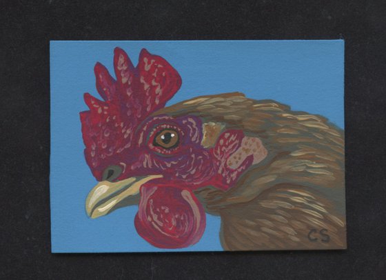 ACEO ATC Original Miniature Painting Brown Chicken Farmyard Art-Carla Smale