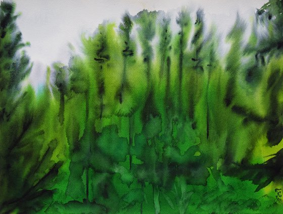 Watercolor painting landscape, fir forest pines painting, misty mountains original artwork, Christmas gift