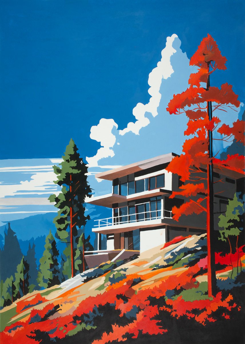 Illustrative Landscape Acrylic Painting By Kosta Morr, 12 X 17", Autumn Landscape, Original Artwork