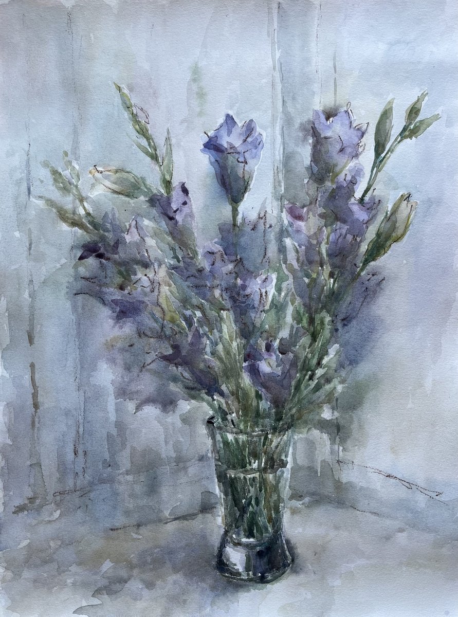 Impressionistic Still Life Drawing By Elena Klyan, 14 X 19, Blue Bells 14,2X18,9 In, Original Artwork