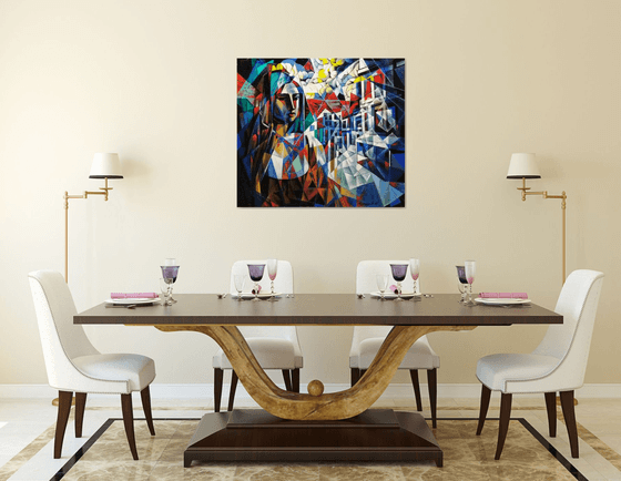 Waiting (90x80cm, cubism, oil painting, ready to hang)