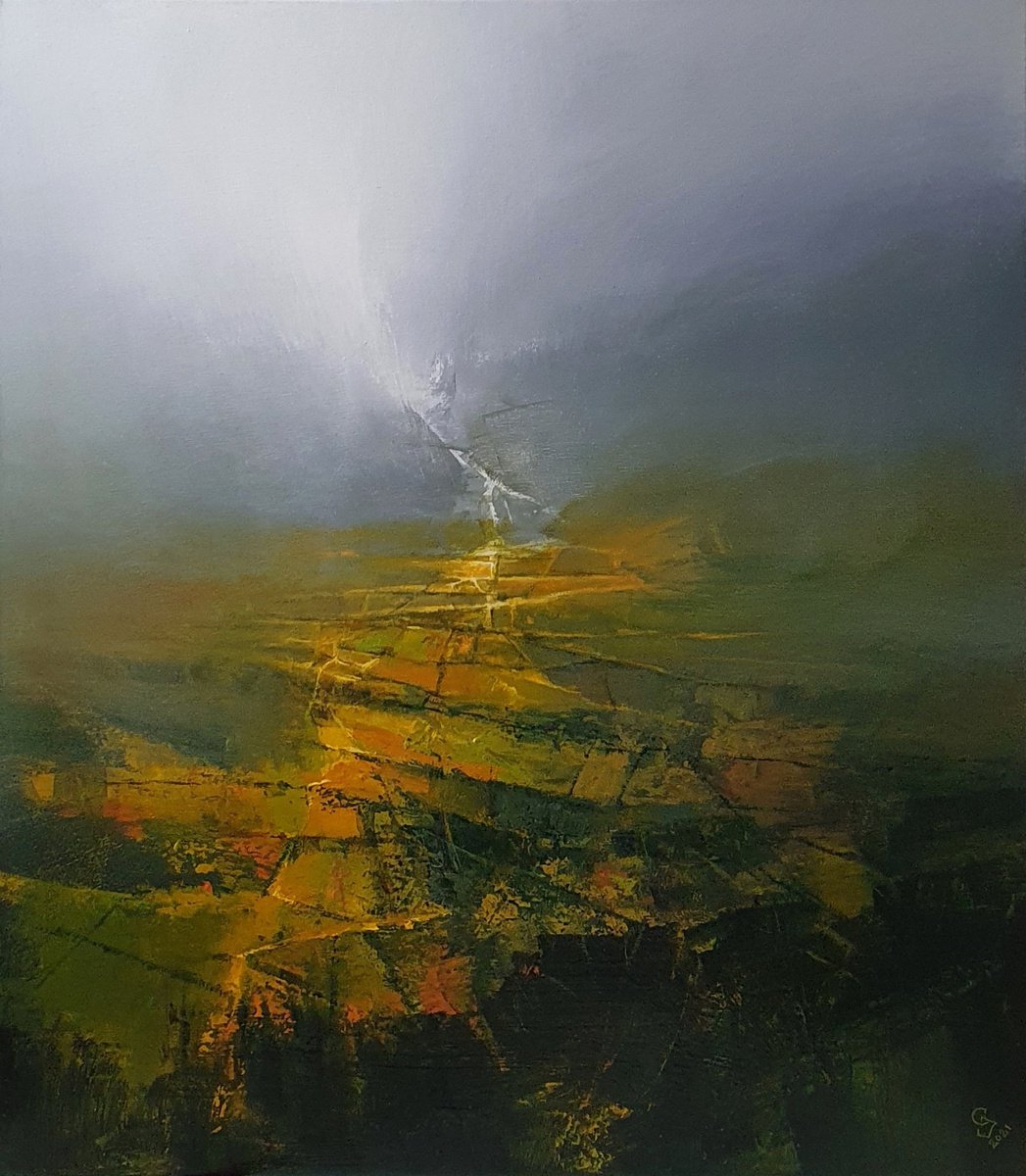 Abstract Landscape Oil Painting By Ivan Grozdanovski, 28 X 31, The Secret Of The Green Valley, Original Artwork