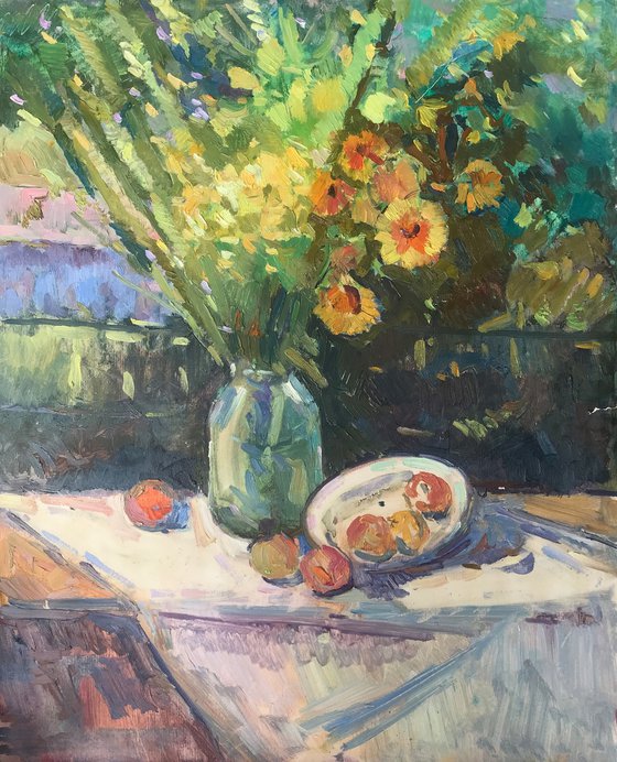 Flowers and fruits on the table