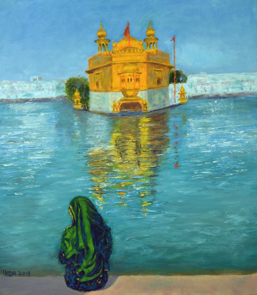 Impressionistic Cityscapes Oil Painting By Uma Krishnamoorthy, 14 X 16", Golden Temple Series 3, Original Artwork